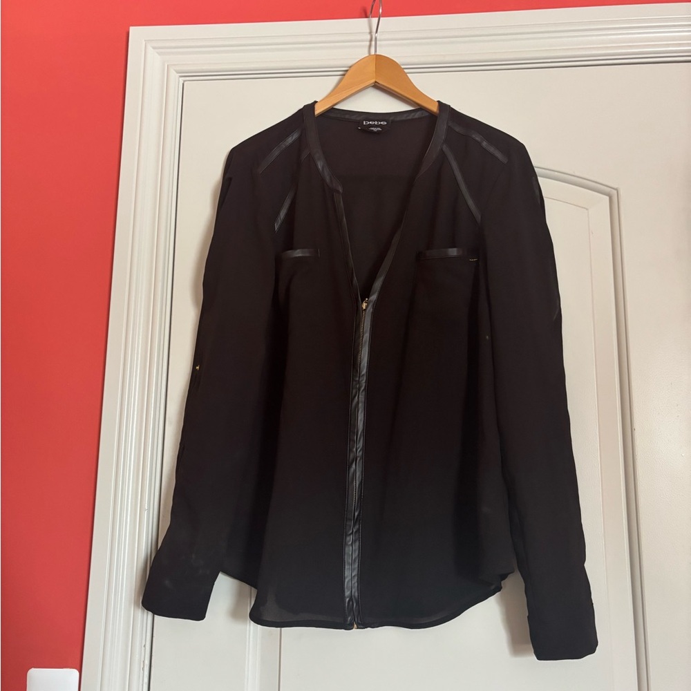 BEBE Women’s Large Black Sheer Long Sleeve Shirt Jacket with Arm Slits